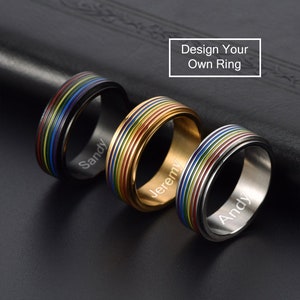 Personalisierte LGBTQ Pride Spinner Ringe, Regenbogen Streifen Drehbare Ring, Titan Stahl Ring, Angst Ring, Fidget Ring, Benutzerdefinierte LGBT Geschenke Bild 1