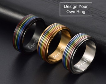 Personalisierte LGBTQ Pride Spinner Ringe, Regenbogen Streifen Drehbare Ring, Titan Stahl Ring, Angst Ring, Fidget Ring, Benutzerdefinierte LGBT Geschenke