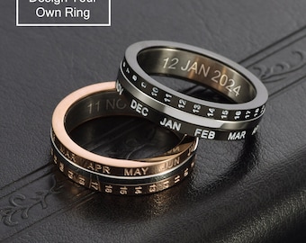 Datum & Maand Spinner Ring, Zwart/Rose Goud Draaibare Ring, Titanium Stalen Angst Ring, Fidget Ring, Verlovingsring, Promise Ring Kalender