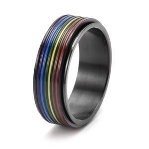 Personalisierte LGBTQ Pride Spinner Ringe, Regenbogen Streifen Drehbare Ring, Titan Stahl Ring, Angst Ring, Fidget Ring, Benutzerdefinierte LGBT Geschenke Bild 5