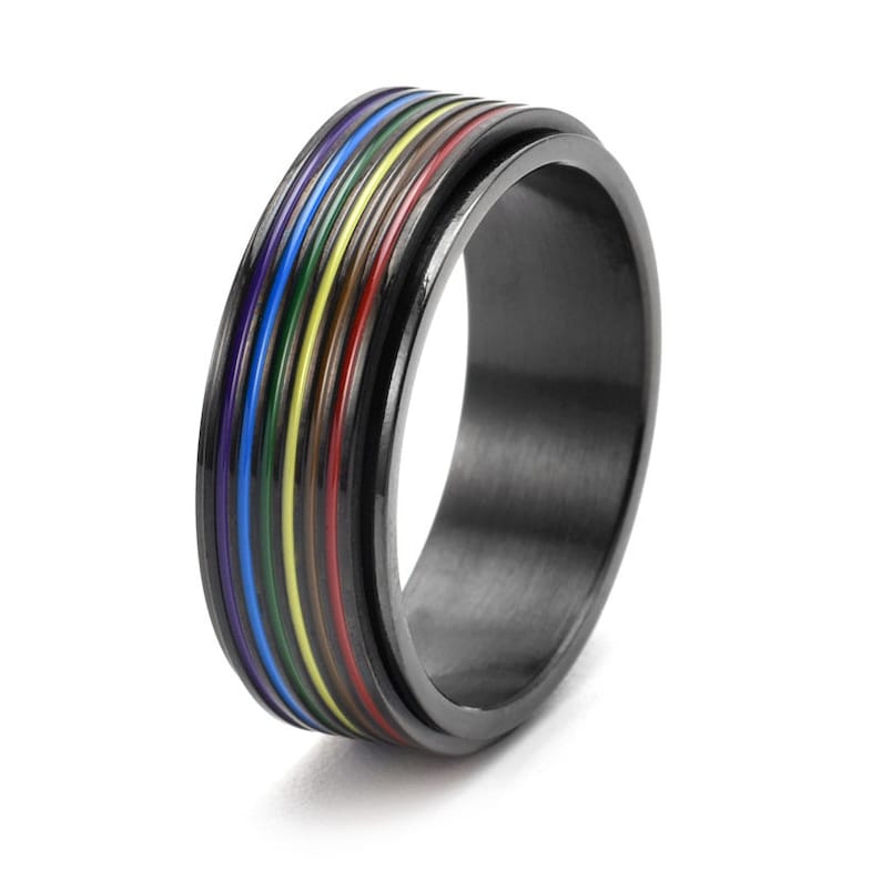 Personalisierte LGBTQ Pride Spinner Ringe, Regenbogen Streifen Drehbare Ring, Titan Stahl Ring, Angst Ring, Fidget Ring, Benutzerdefinierte LGBT Geschenke Bild 5