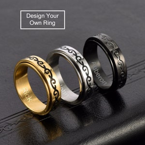 Personalised Spinner Ring, Sliver/Gold/Black Rotatable Ring Stainless Steel Anxiety Ring Fidget Ring Worry & Stress Relief Ring Gift for Him