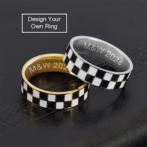 Custom Black & White Checkerboard Rings, Stainless Steel Band Ring, Simple Couple Band Wedding Band Couple Ring Promise Ring Engagement Ring