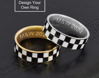 Custom Black & White Checkerboard Rings, Stainless Steel Band Ring, Simple Couple Band Wedding Band Couple Ring Promise Ring Engagement Ring