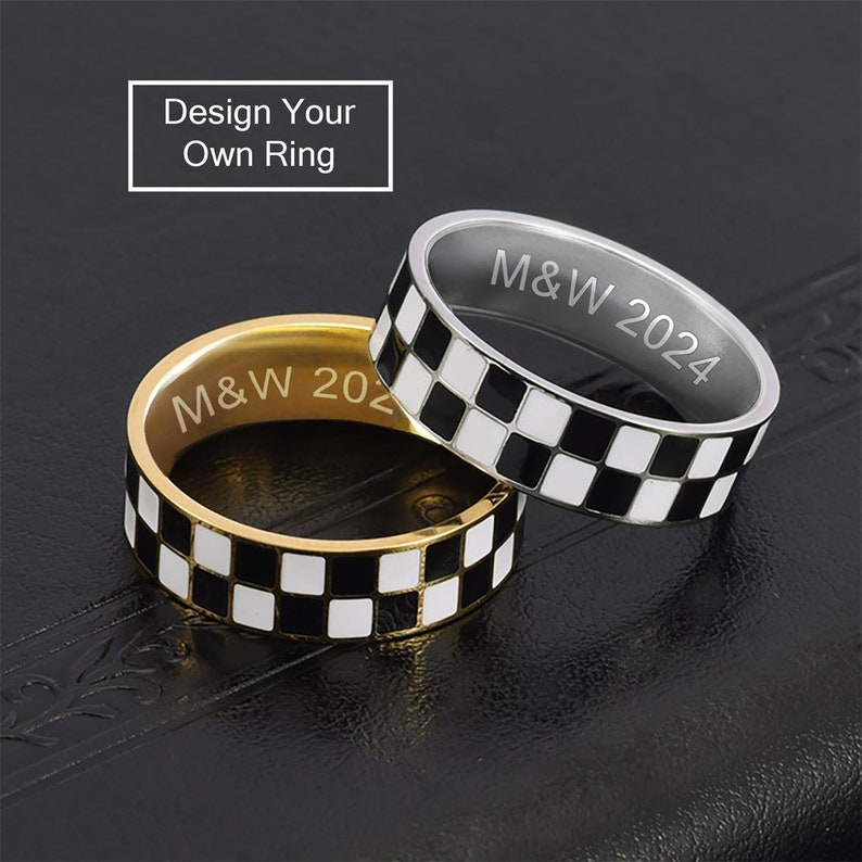 Custom Black & White Checkerboard Rings, Stainless Steel Band Ring, Simple Couple Band Wedding Band Couple Ring Promise Ring Engagement Ring image 1
