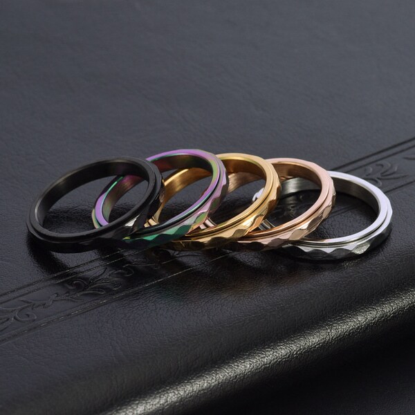 Diamond Cut Thin Spinner Ring, Sliver/Gold/Black Rotatable Ring, Stainless Steel Anxiety Ring, Fidget Ring, Worry & Stress Relief Ring