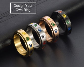 Anillos giratorios lindos con estampado de pata de arco iris personalizados, anillo giratorio de acero inoxidable, anillo de ansiedad, anillo de ansiedad, anillo de preocupación y alivio del estrés, regalo para ella