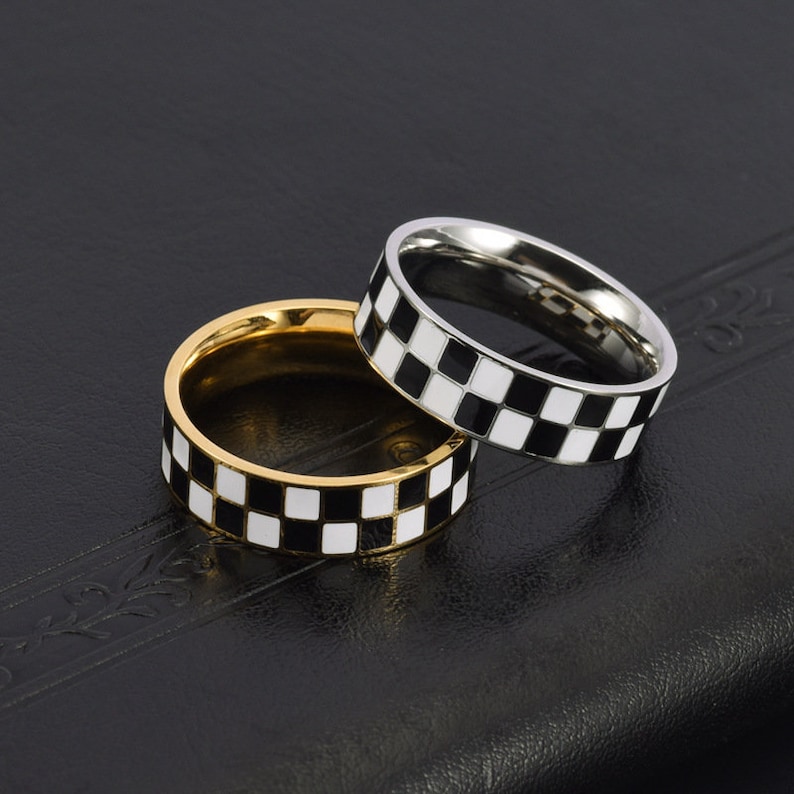 Custom Black & White Checkerboard Rings, Stainless Steel Band Ring, Simple Couple Band Wedding Band Couple Ring Promise Ring Engagement Ring image 2