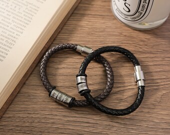 Pulsera personalizada para hombre, pulsera trenzada joyería de cuero hecha a mano con cuentas de nombre, regalo del día del padre para él pulsera de navegador novio