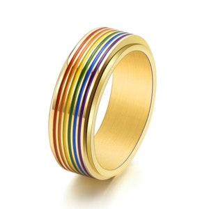 Personalisierte LGBTQ Pride Spinner Ringe, Regenbogen Streifen Drehbare Ring, Titan Stahl Ring, Angst Ring, Fidget Ring, Benutzerdefinierte LGBT Geschenke Bild 7