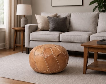 Handmade Moroccan Leather Ottoman Pouf, Genuine Tan Footstool, Boho Tribal Floor Cushion