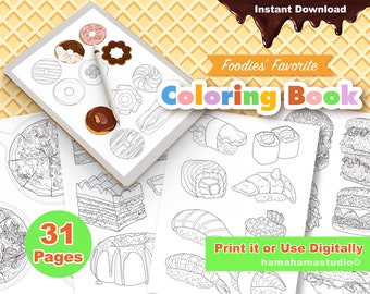 Coloring Book | 31 Coloring Pages | PNG Digital Download | Food Coloring Book/Digital/Instant Download | Coloring Pages For Adult