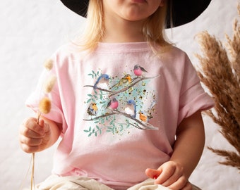 Kids Youth bird shirt, Girl Birthday gift, Watercolor bird tee for kids Animal shirt tee Cute Bird lover gift Cottagecore kids Mommy and me