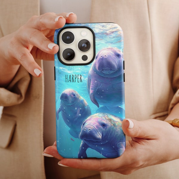 Manatees Family Custom Name Case, Baby manatee Sea Cow gift Dugong Marine Biology student Oceanography gift idea Tough Phone Case for iPhone