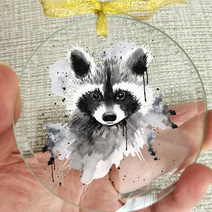 Personalized Christmas Raccoon Ornament, Glass Xmas accent decor , Watercolor wildlife Xmas, Forest lover Xmas home decor, Raccoon lover