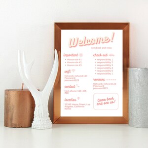 Signo de bienvenida imprimible de Airbnb, alquiler de vacaciones imprimible, reglas de la casa, VRBO, plantilla, carta, A4