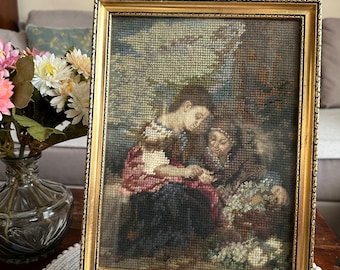Antique Needlepoint Hand Stitched Framed Picture Girls ‘Flower Sellers’ 1940