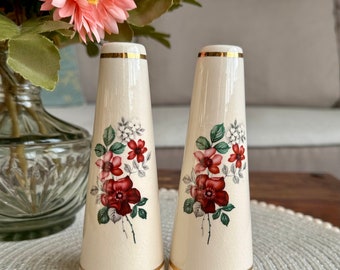 Vintage Pair Tall Ceramic Salt & Pepper Shakers Floral Print Roses Cottagecore
