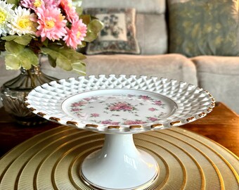 Soporte para platos de tartas con pedestal floral St Michael M&S Vintage Tazza Roses Blanco Dorado