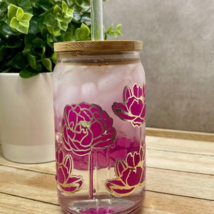 Color changing peonies Glass Can, Peony Cup, Iced Coffee Cup, Gift for her,  Cold Color changing vinyl, floral cup, flowers, Holiday Gift