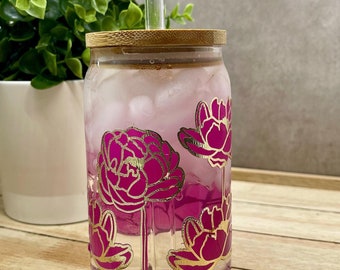 Color changing peonies Glass Can, Peony Cup, Iced Coffee Cup, Gift for her,  Cold Color changing vinyl, floral cup, flowers, Holiday Gift