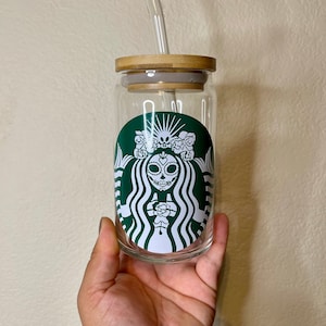 Verre à café La Catrina, Starbucks, sirène, amateur de café, Dia De Los Muertos, verrerie d'Halloween, canette de verre à café, 16 oz, verre de canette de bière