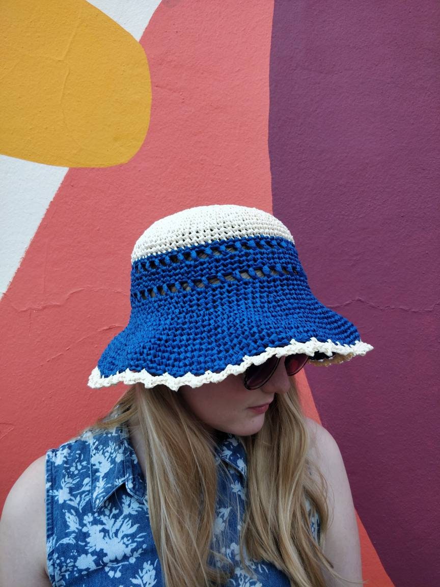 Emma Sun Hat Blue and Ivory LARGE | Etsy