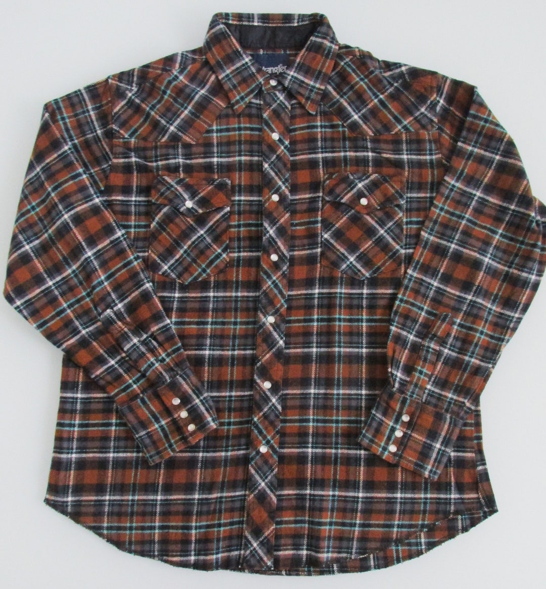 Wrangler Long Sleeve Western Flannel Check Shirt, Men's Size L cotton brown type Vintage Second Hand