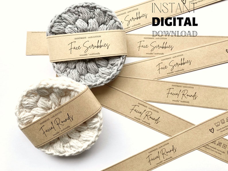 PRINTABLE Cotton Face Scrubbies & Facial Rounds Wrap Labels, Wrapping Tags for Face Scrubbers, Gift Wrap for Crochet Knit Items, Letter A4 imagem 1