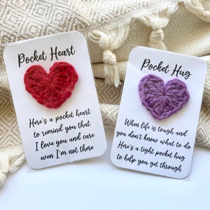 POCKET HUG, Pocket HEART Token, Message d’amour, Cadeaux réfléchis et d’encouragement, Penser à vous, Coeur au crochet avec étiquettes de poème