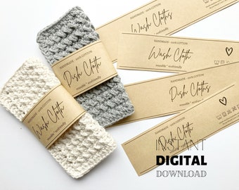 PRINTABLE Dishcloth and Washcloth Wrap Labels, DIY Crochet Knit Dish Cloths Wash Cloths Tags, Craft Fair Market Prep, Letter + A4