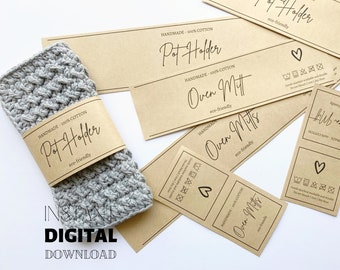 Op de afbeelding: Een set bedrukbare labels voor handgemaakte ovenwanten en pannenlappen. De labels zijn gemaakt van bruin papier en bevatten de tekst "Handmade 100% Cotton", "Pot Holder", "Oven Mitt" en "eco-friendly". De labels bevatten ook wasinstructies en een hartje.