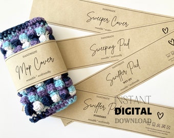 PRINTABLE Mop Cover Labels, Sweeper Cover Wraps, Sweeping Pad Wrappers, Digital Tags for Crochet Knit Items, Letter + A4