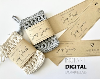 May include: Two handmade soap saver pouches made of 100% cotton. The pouches are in natural and grey colours. The pouches are labelled with "Soap Saver" and "Soap Pouch" with the text "handmade - 100% cotton" and "reusable - ecofriendly".