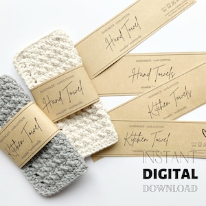 PRINTABLE Kitchen Towel & Hand Towel Wrap Labels, DIY Crochet Knit Kitchen Towels, Hand Towels Tags, Craft Fair Market Prep, Letter + A4