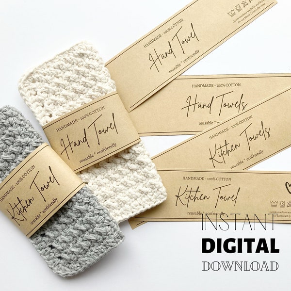 PRINTABLE Kitchen Towel & Hand Towel Wrap Labels, DIY Crochet Knit Kitchen Towels, Hand Towels Tags, Craft Fair Market Prep, Letter + A4