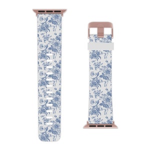 Floral Watch Band for Apple Watch blue white rose flowers Apple Watch Band compatible with series 1,2,3,4,5,6,7,8 SE Ultra summer spring