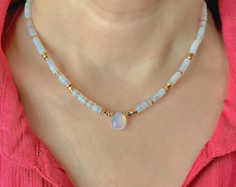 Heishi moonstone necklace with drop pendant -Beaded crystal necklace choker for women-  Dainty necklace white moonstone- Unique qift women