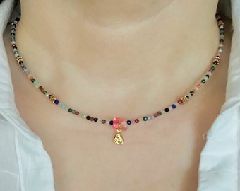 Multi tourmaline necklace choker- Colorful gemstone tiny beaded necklace- Multicolor precious stones necklace -Dainty rainbow gold necklace