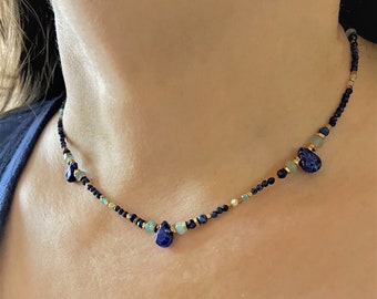 Lapis lazuli and aquamarine necklace- Multi gemstone beaded necklace choker- Blue & gold necklace- Multicolor necklace- Briolette necklace