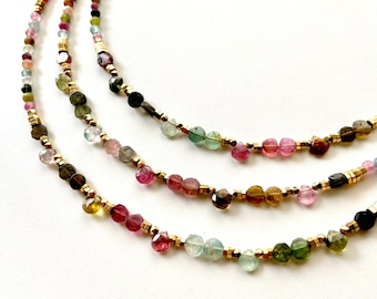 Multi tourmaline & gold beaded necklace- Handmade multicolore gemstone choker- Rainbow necklace- Drop bead necklace- Colorful stones choker