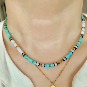 Heishi turquoise & moonstone necklace choker- Multicolor gemstone beaded necklace- Blue gold and white necklace- Multi stone gold necklace