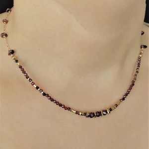 Garnet necklace- Tiny gemstone beaded necklace-  Beaded raw garnet chain- Red and gold necklace- Semi precious necklace - Original necklace