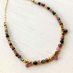 Multi tourmaline gold necklace -Colorful gemstone tiny beaded necklace- Precious stone multicolor tourmaline choker- Dainty rainbow necklace