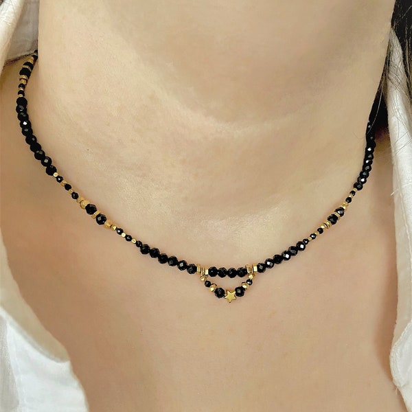 Black tourmaline necklace choker - Tiny gemstone beaded necklace - Black & gold original necklace -Protective necklace - Women birthday gift