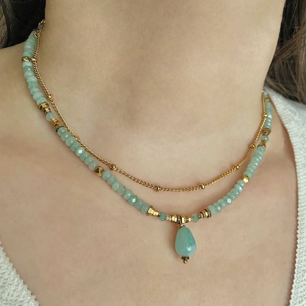 Collier amazonite avec pendentif goutte- Collier ras de cou délicat pierre naturelle- Collier doré perle bleu- Collier superposé perle fine