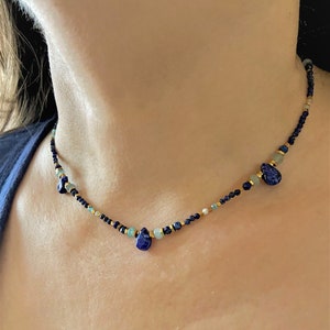 Lapis lazuli and aquamarine necklace- Multi gemstone beaded necklace choker- Blue & gold necklace- Multicolor necklace- Briolette necklace