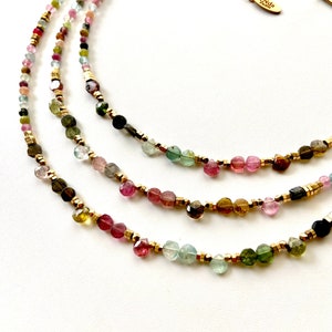 Multi tourmaline & gold beaded necklace- Handmade multicolore gemstone choker- Rainbow necklace- Drop bead necklace- Colorful crystal choker