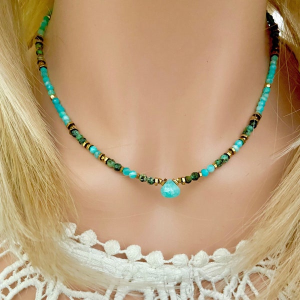 Collar gargantilla de amazonita y turquesa- Collar de piedra natural multicolor- Collar colorido- Cuenta azul y verde-Collar gota de amazonita