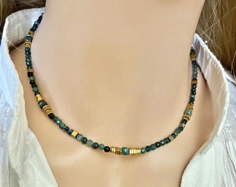 Blue tourmaline necklace choker- Gemstone tiny beaded necklace- Blue stone gold necklace -Precious stone dainty necklace- Original necklace